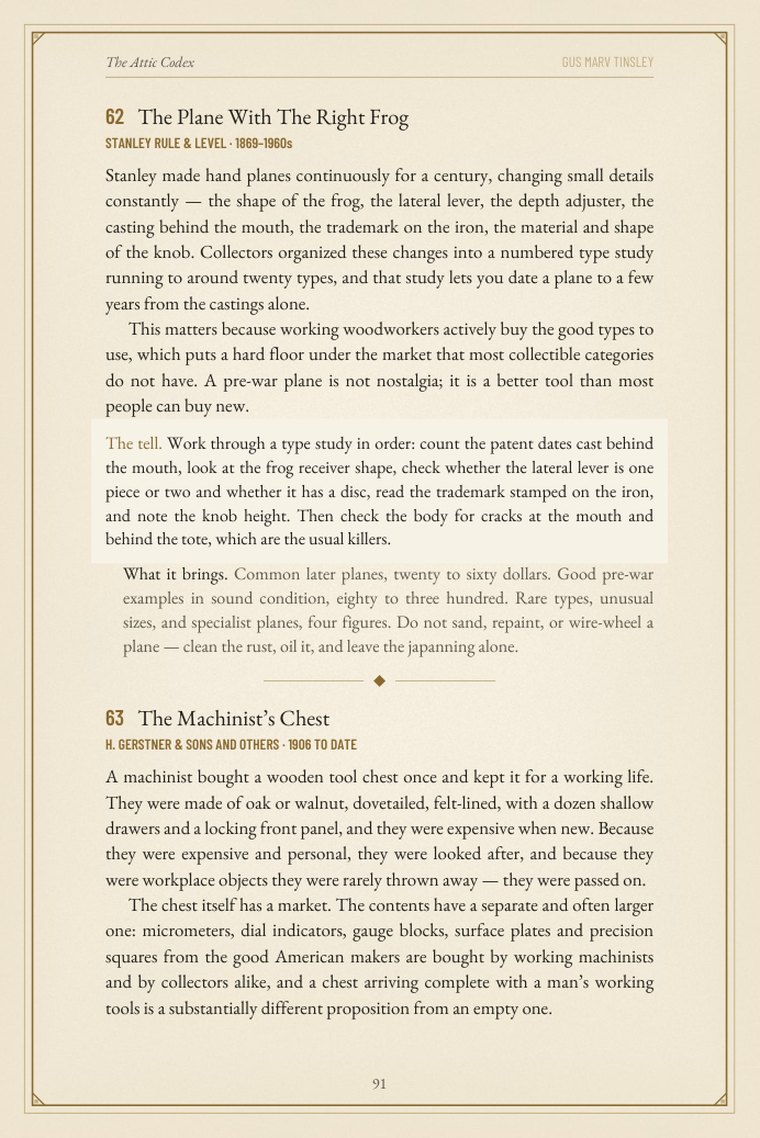 Sample page from the garage entries